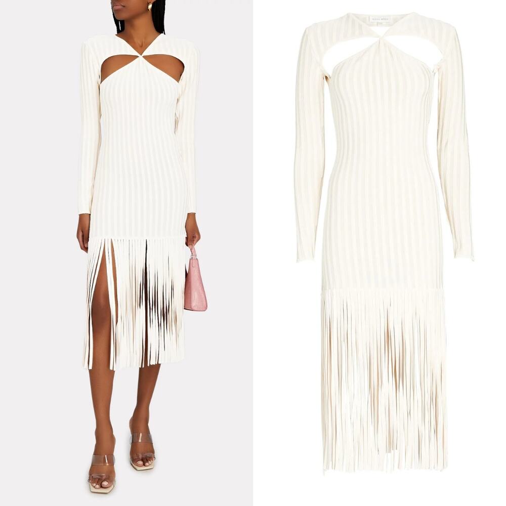 Ronny Kobo Dress‎ Fringe Cut Out Long Sleeve Knit Midi Dress Ivory Sz S